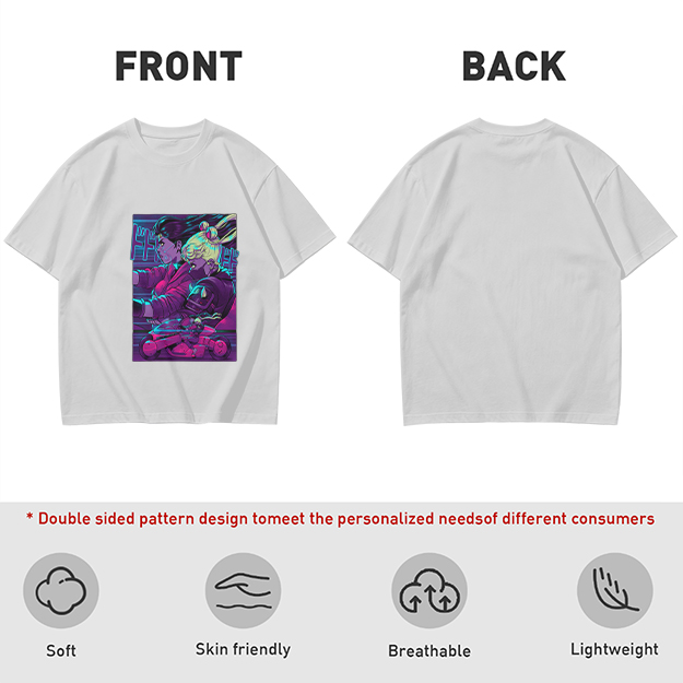 Olive T-shirt with Neon Cyberpunk Anime Character Print