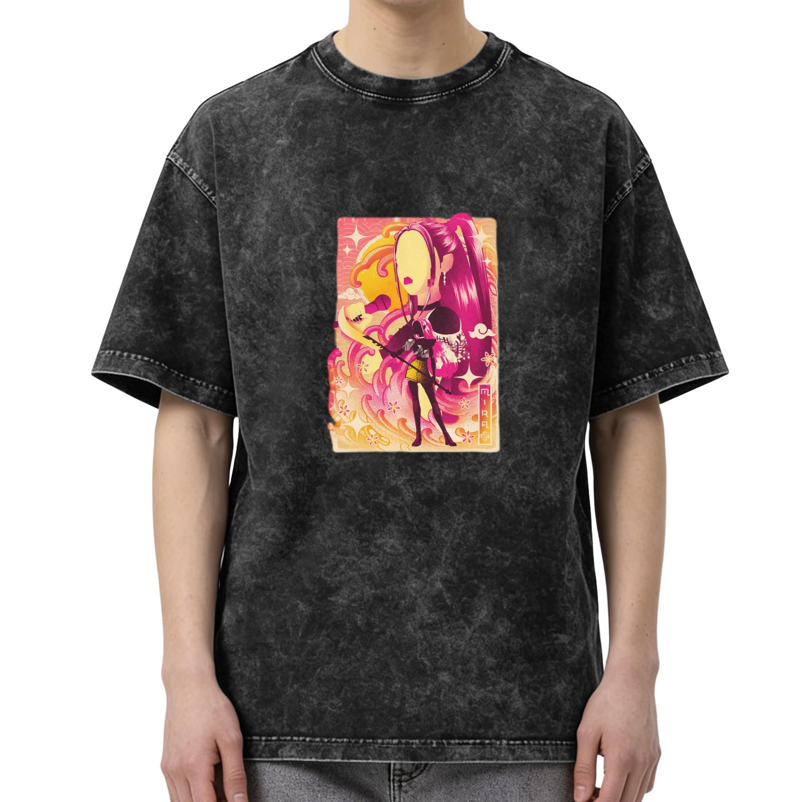 Oversized Acid Wash T-Shirt With Anime Style Graphic Print