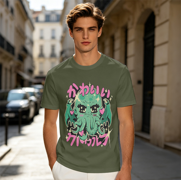Olive green graphic t-shirt with cute anime-style Cthulhu and Japanese text