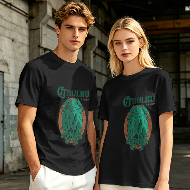 Olive Green Cthulhu Graphic T-Shirt with Mythos Monster Art