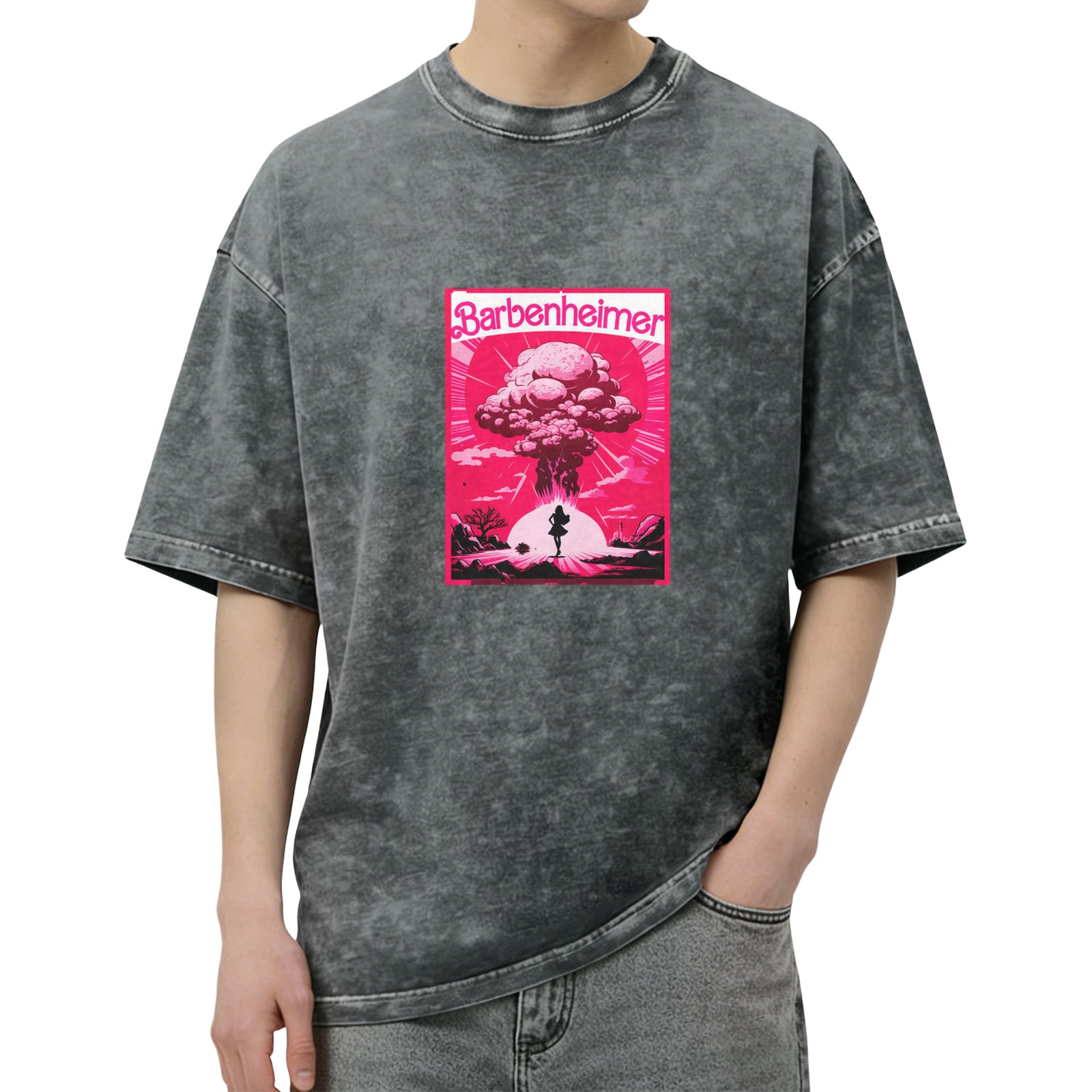Barbenheimer Mushroom Cloud Graphic on Acid Wash Black T-Shirt