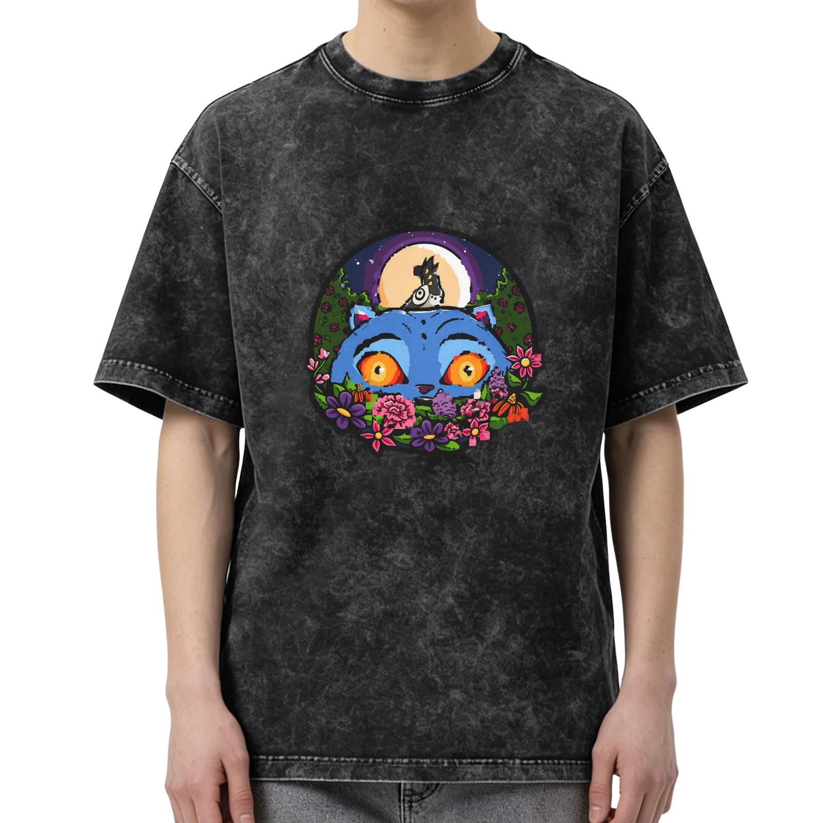 Washed Black T-Shirt With Blue Cat And Moon Floral Graphic