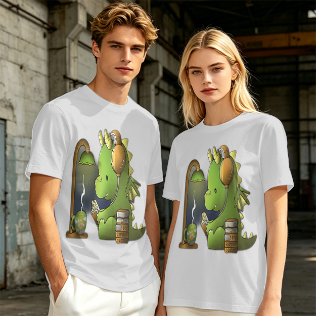 Olive T-Shirt with Cute Dragon Reading and Wearing Headphones