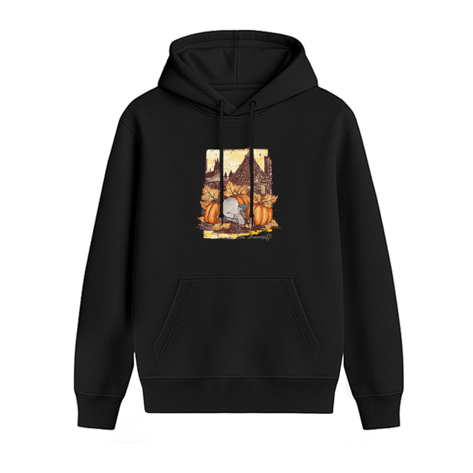 Black hoodie with autumn pumpkin and haunted house graphic
