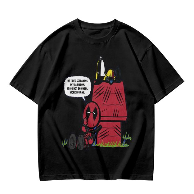 Olive t-shirt with Deadpool and Snoopy mashup graphic