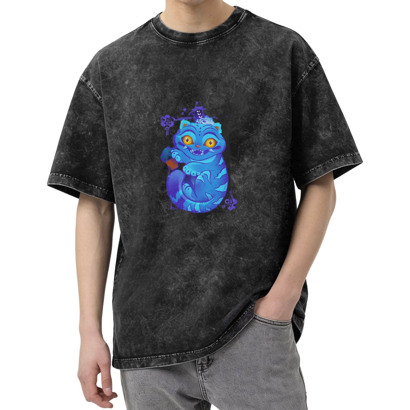 Distressed black loose short-sleeved T-shirt Cheshire cat cartoon print personalized trendy casual top
