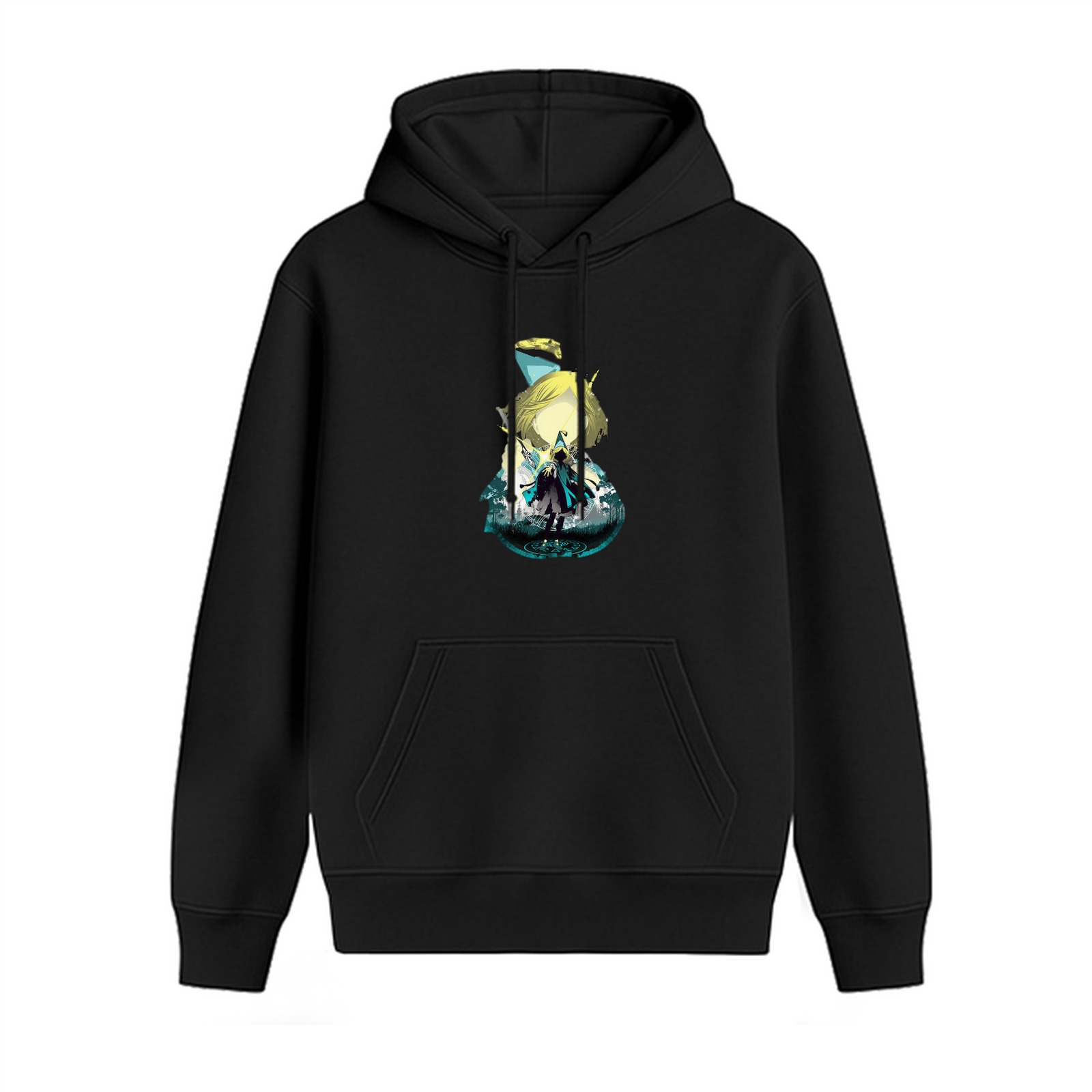 Black Hoodie With Fantasy Character Graphic Print