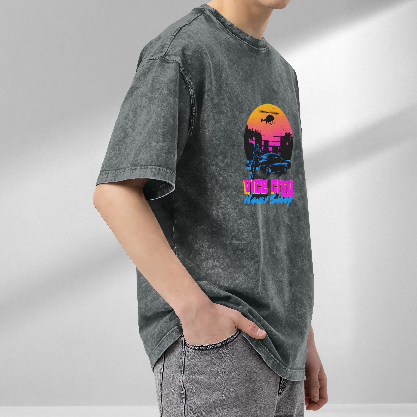 Vice City Never Sleep Retro Graphic Acid Wash T-Shirt