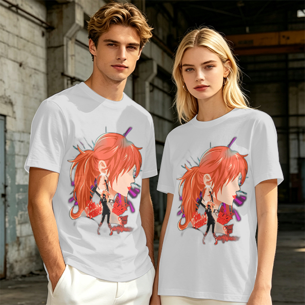 Olive T-Shirt with Anime Red-Haired Girl Profile Art Print
