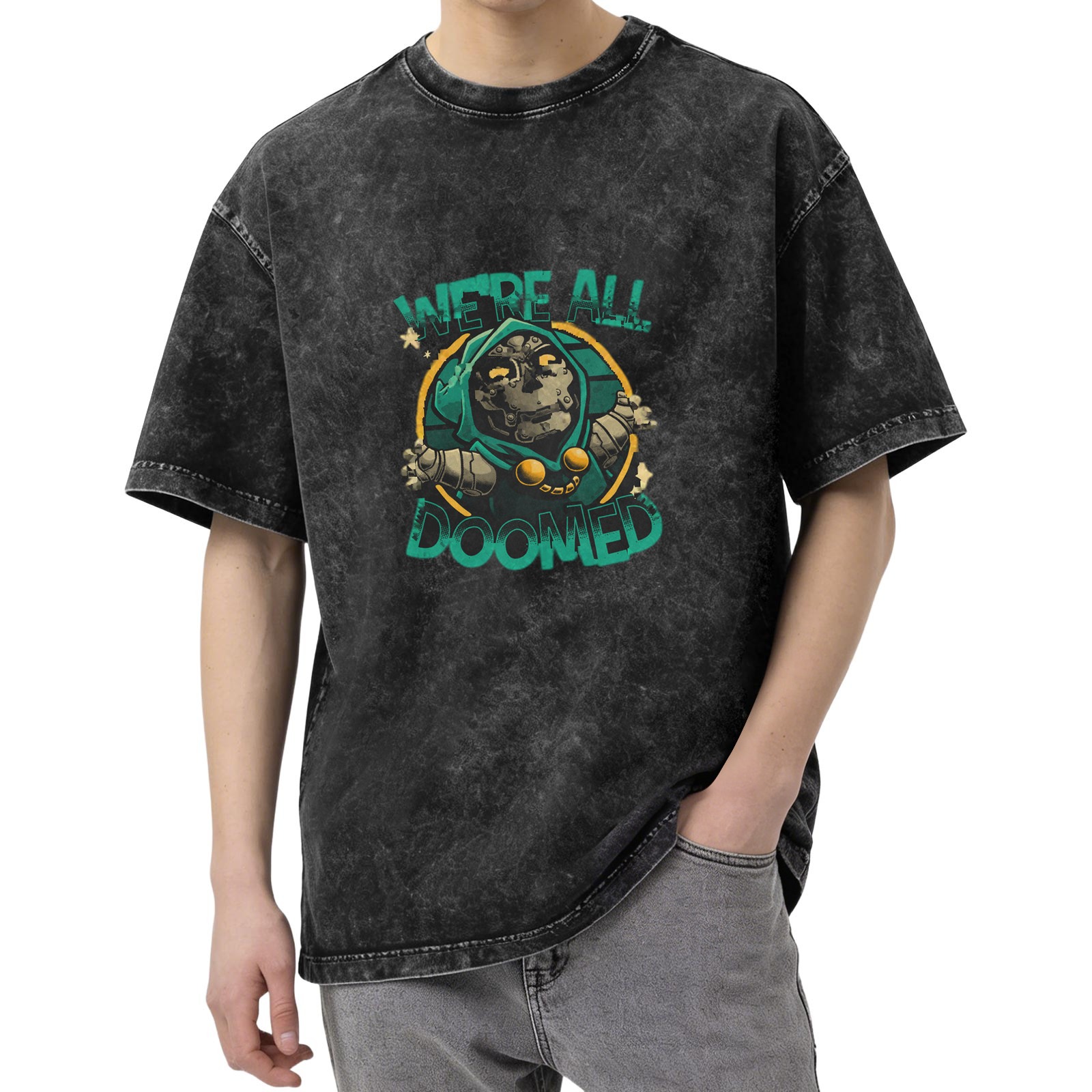 Retro washed black loose short-sleeved T-shirt Marvel Doctor Doom themed print 'WE'RE ALL DOOMED' graphic top