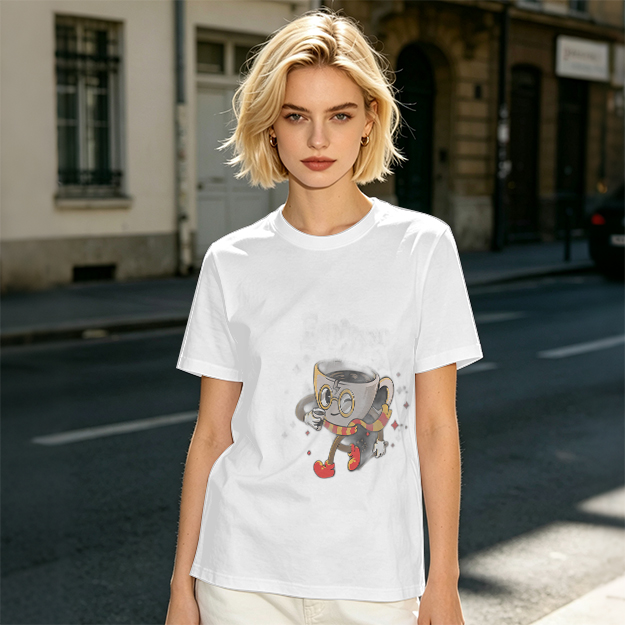 Olive T-Shirt With Wizard Coffee Cup Cartoon Print