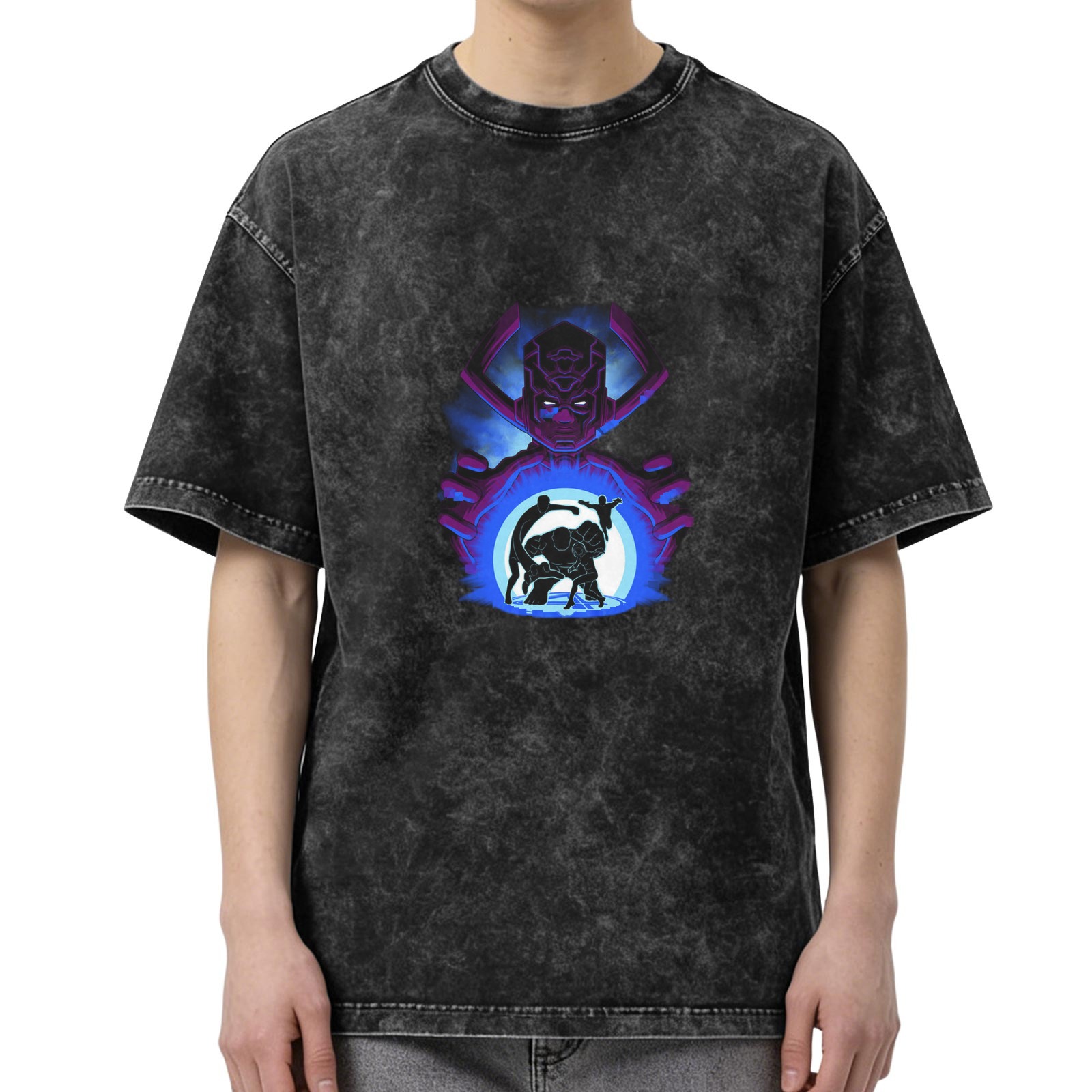 Oversized Acid Wash T-Shirt With Super Villain Graphic Print