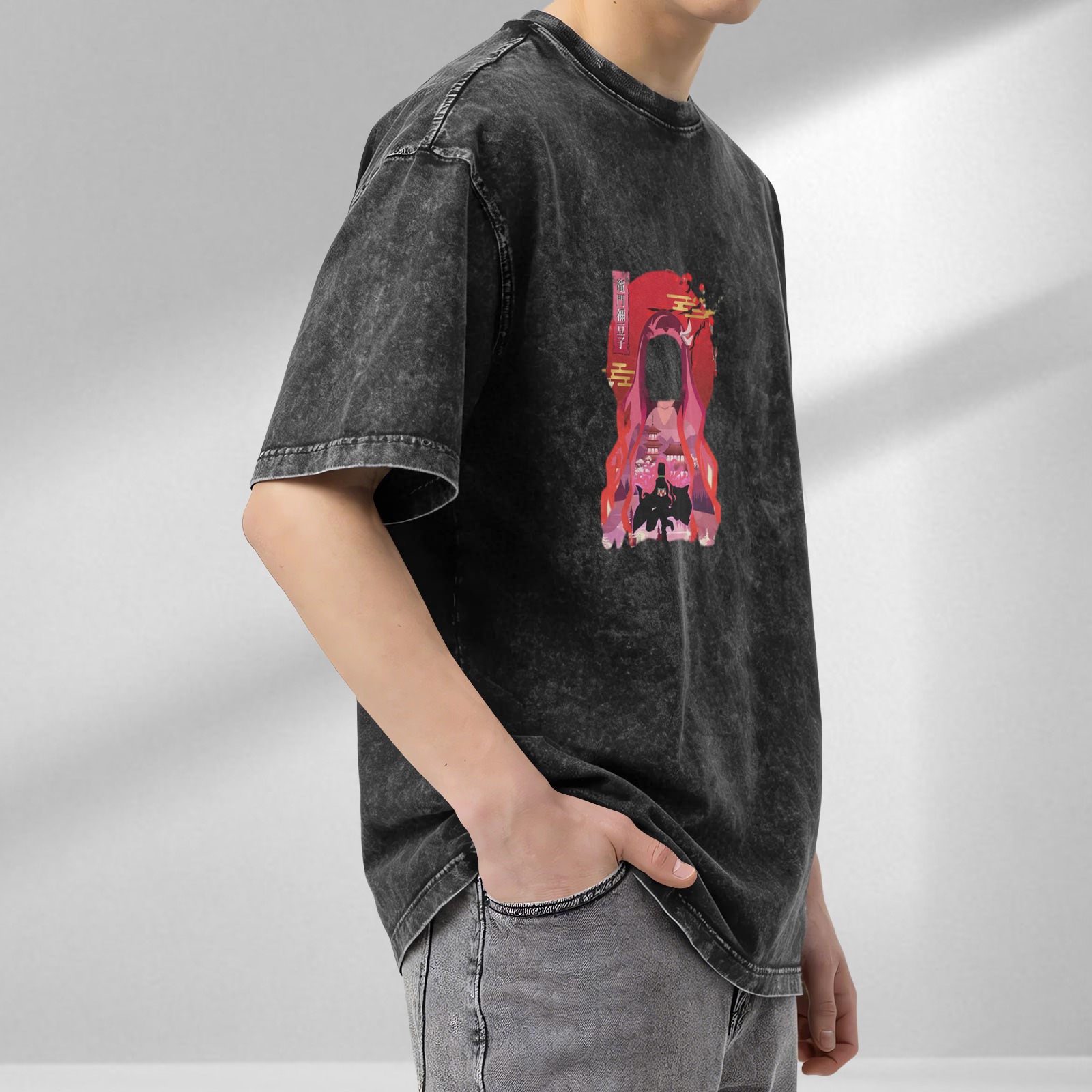 Washed Black Anime Graphic T-Shirt with Japanese Art Design