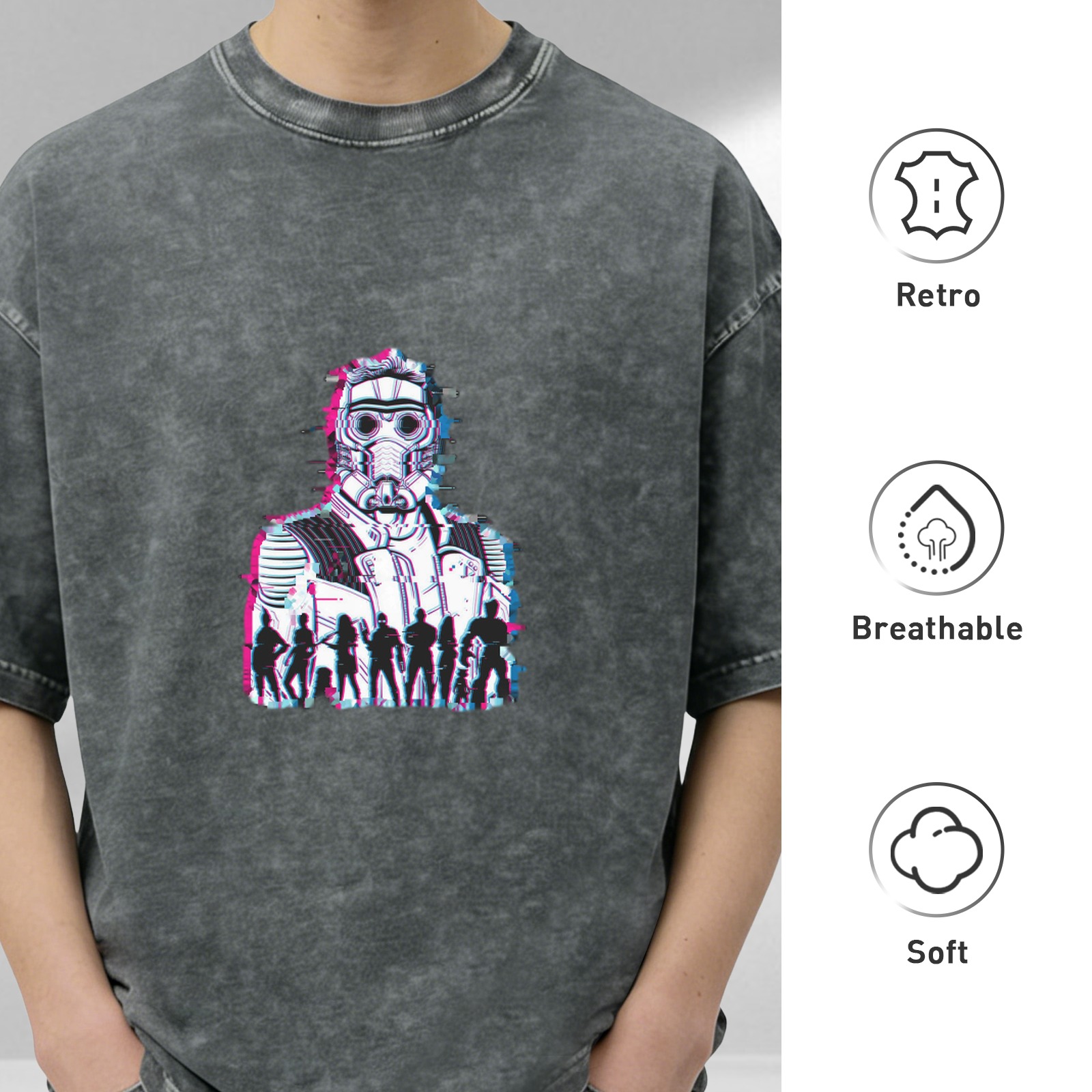 Washed black graphic t-shirt with glitch space team character print
