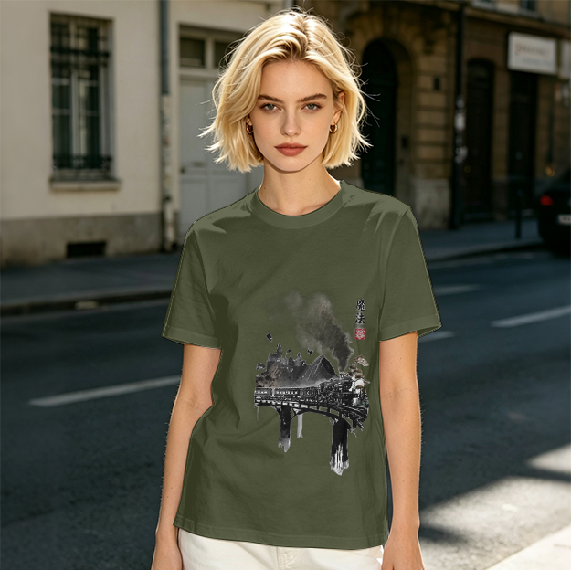 Olive green t-shirt with ink-style piano and landscape graphic