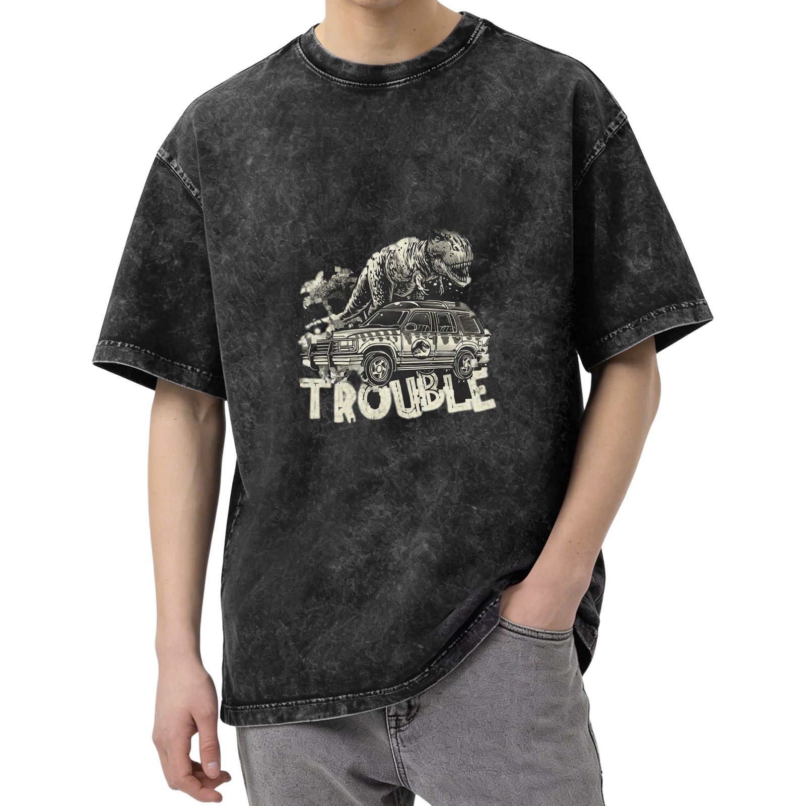Washed Black T-Rex Dinosaur SUV Trouble Graphic T-Shirt