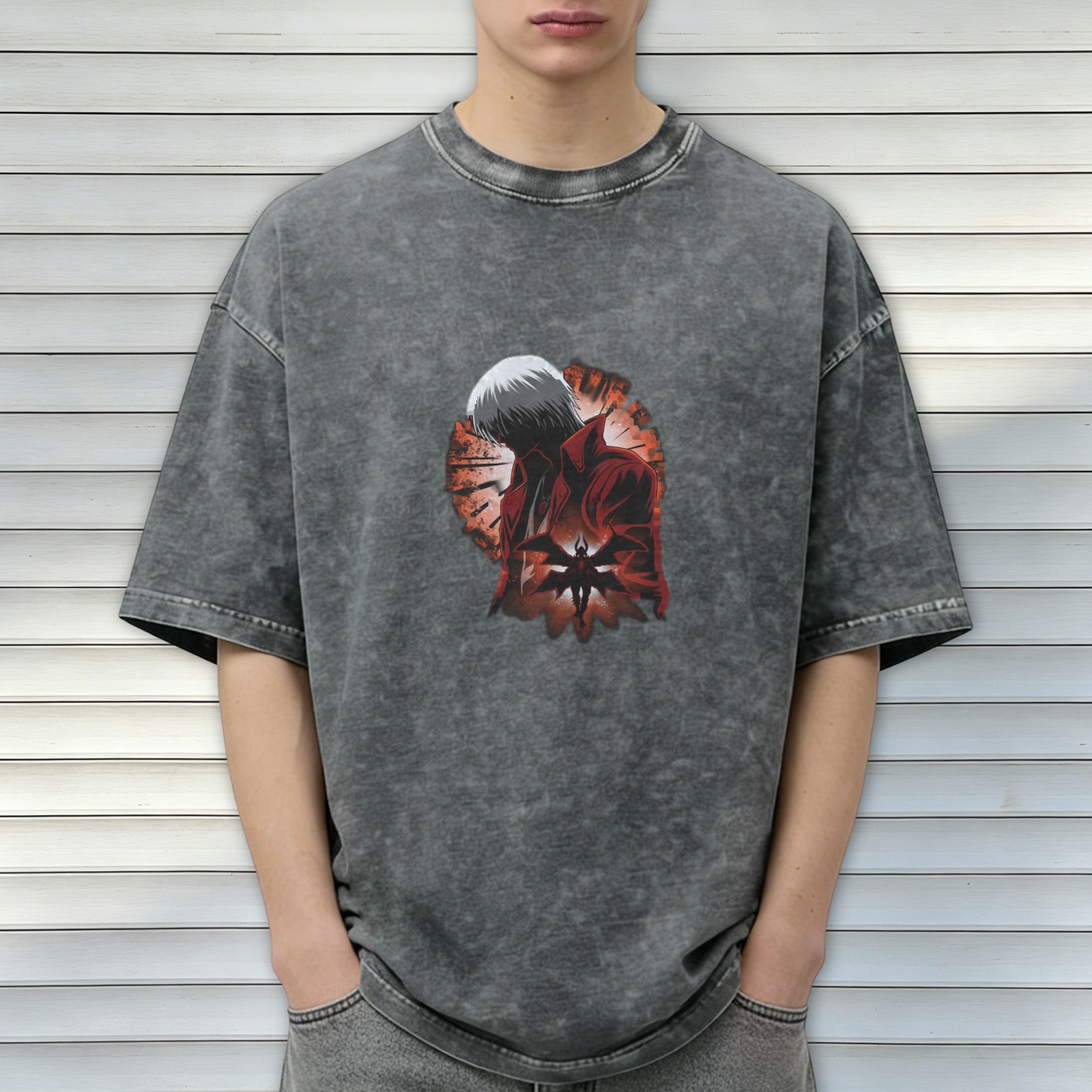 Washed Black Graphic T-Shirt with Anime Demon Character Print