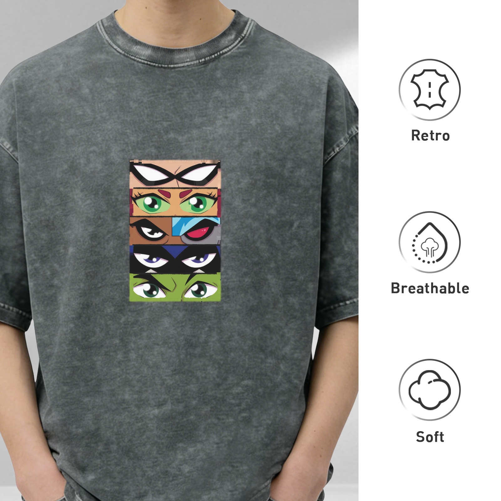 Teen Titans Eyes Graphic Oversized Acid Wash T-Shirt