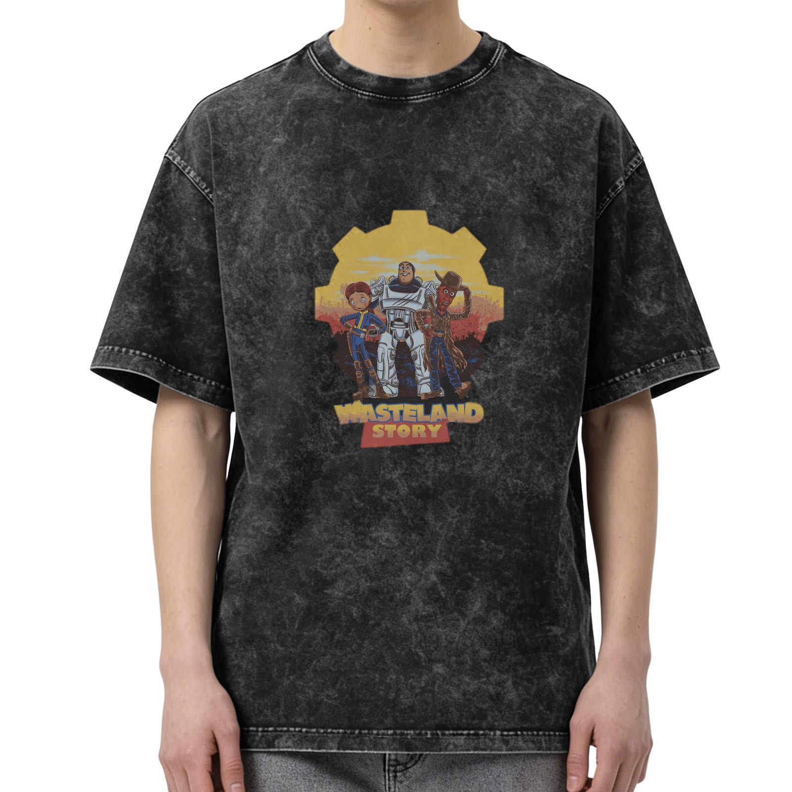 Wasteland Story theme distressed printed short-sleeved T-shirt, washed black loose style