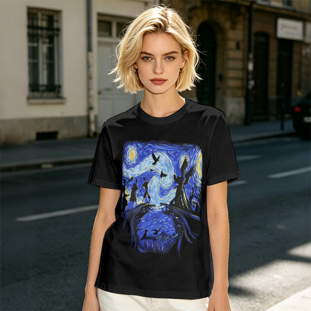 Olive T-Shirt with Starry Night Style Fantasy Art Print