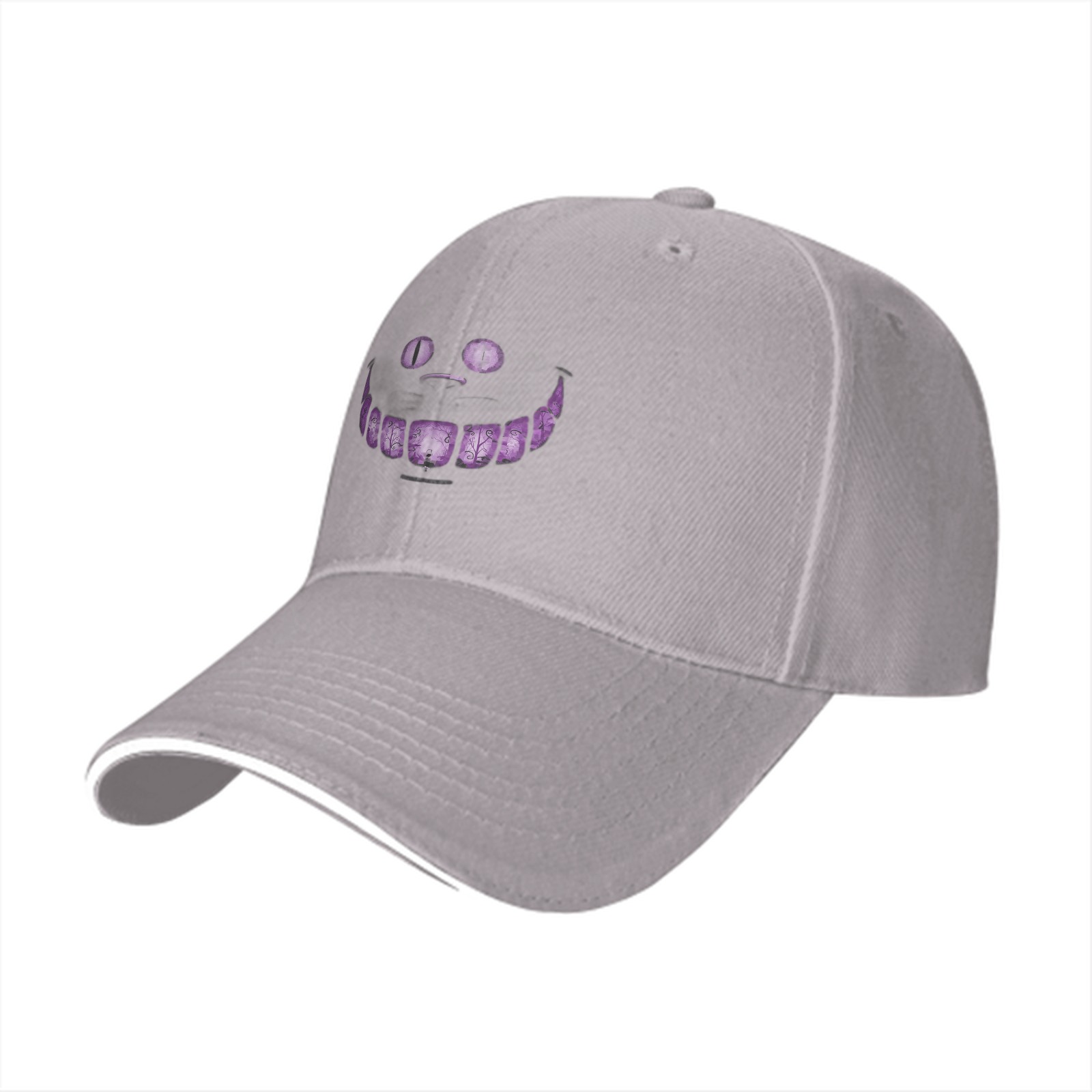 Black Baseball Cap with Cheshire Cat Purple Grin Print