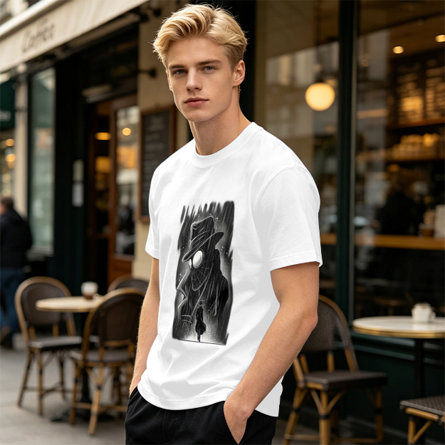 Olive T-Shirt with Noir Spider-Man in Rain Art Print