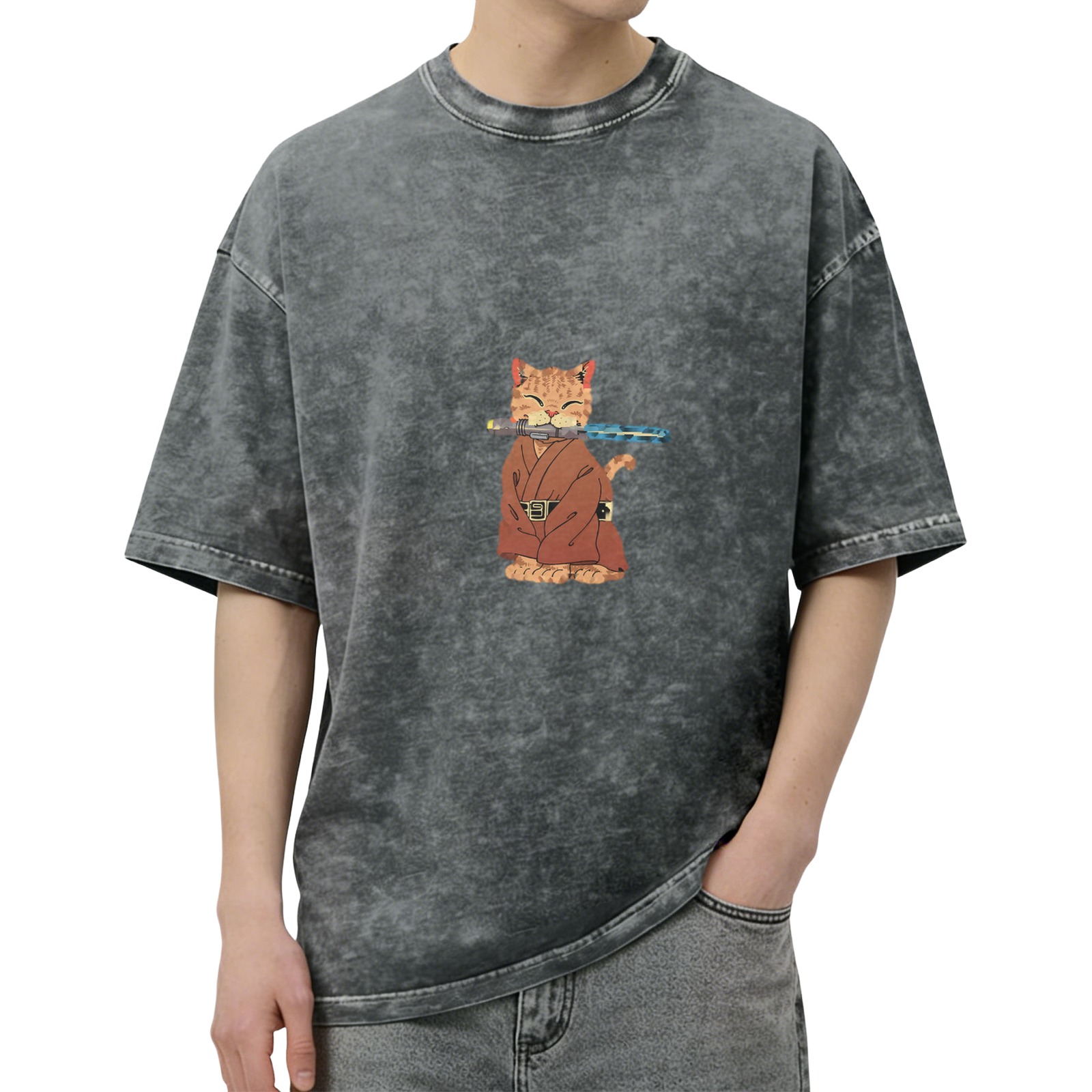 Oversized Acid Wash T-Shirt With Jedi Cat Lightsaber Print