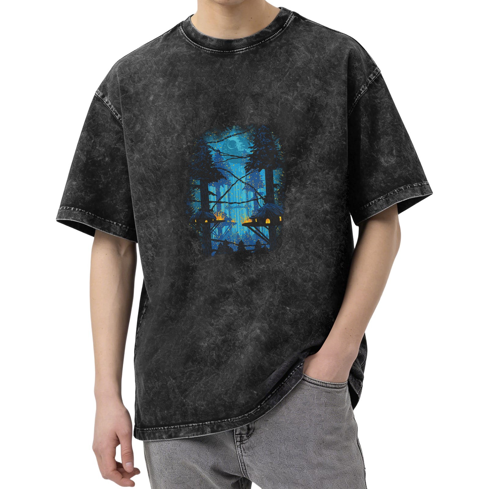Oversized Acid Wash T-Shirt with Mystical Forest Treehouse Graphic