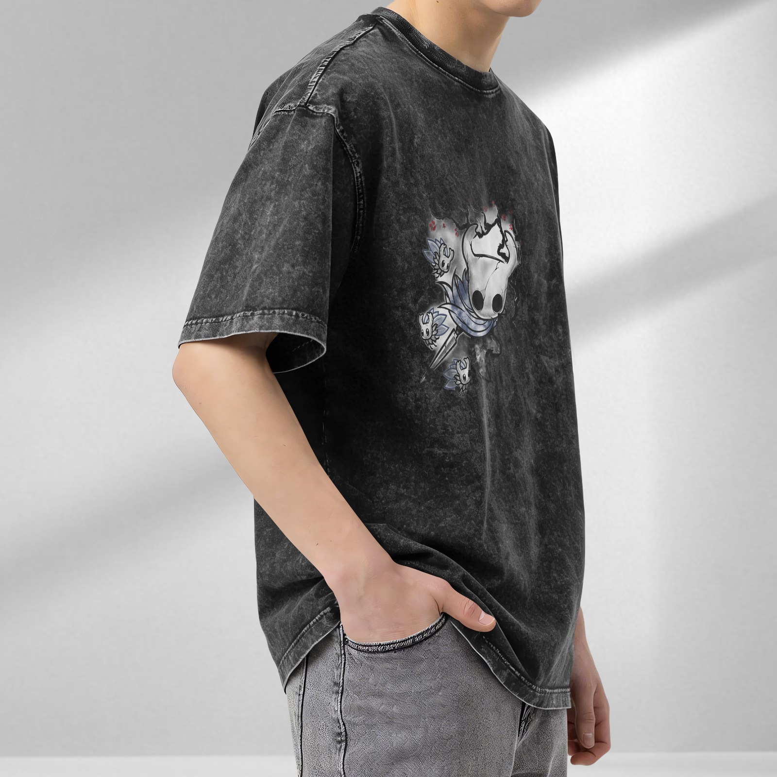 Hollow Knight Themed Dark Wash Graphic T-Shirt
