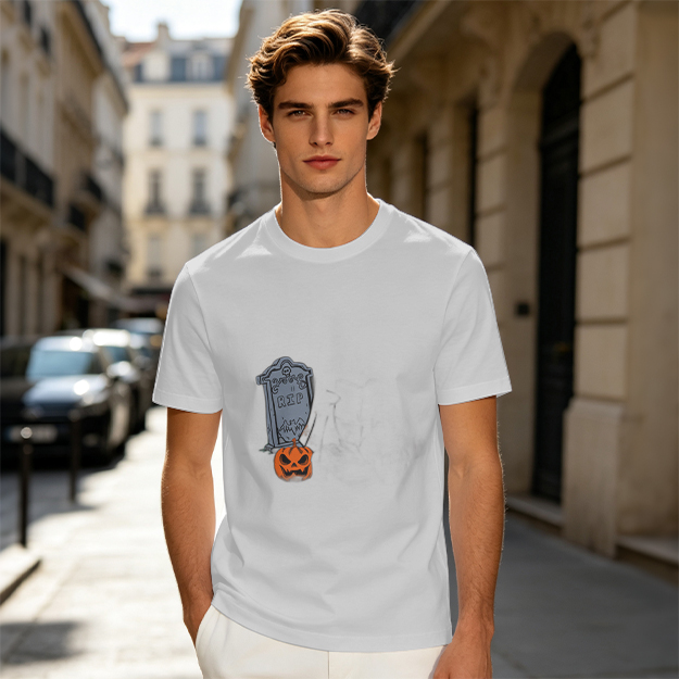 Olive Halloween Graphic T-Shirt with Tombstone and Jack-o'-Lantern