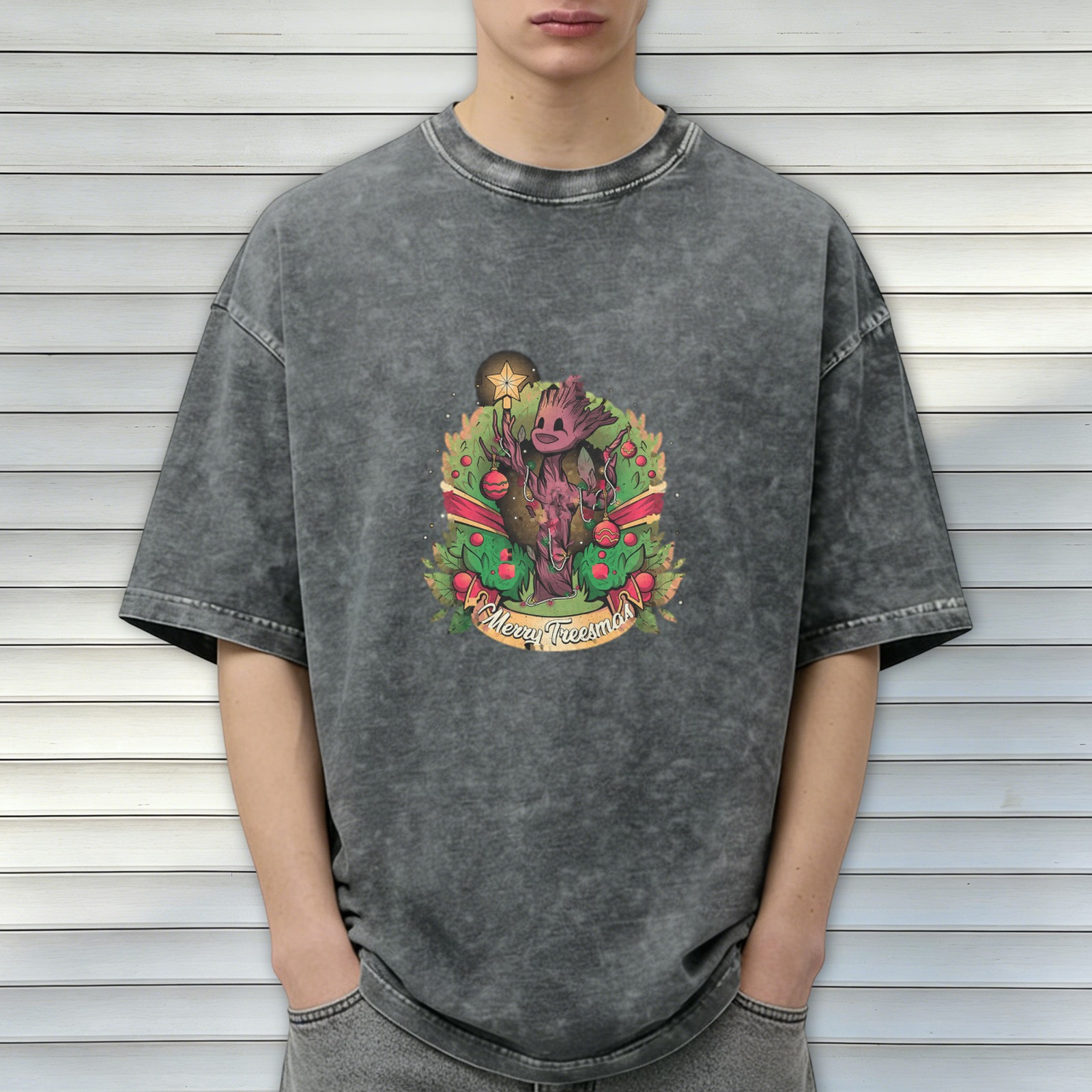 Oversized dark washed t-shirt with Groot Merry Treesmas Christmas print