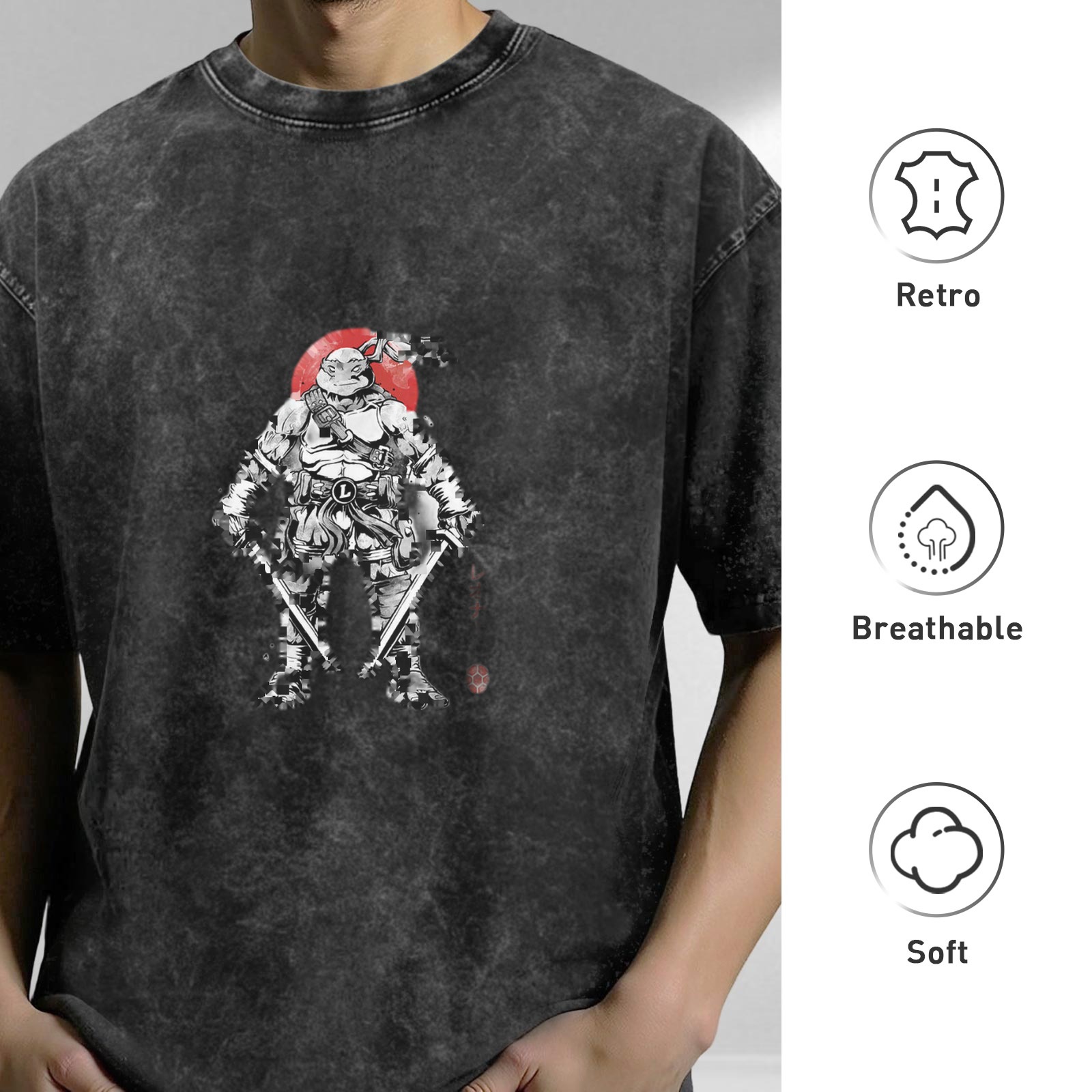 Oversized Stonewashed T-Shirt With Ninja Turtle Warrior Graphic