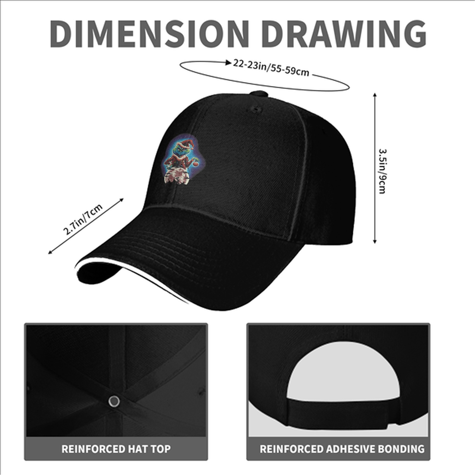 Black Baseball Cap With Grinch Christmas Character Print