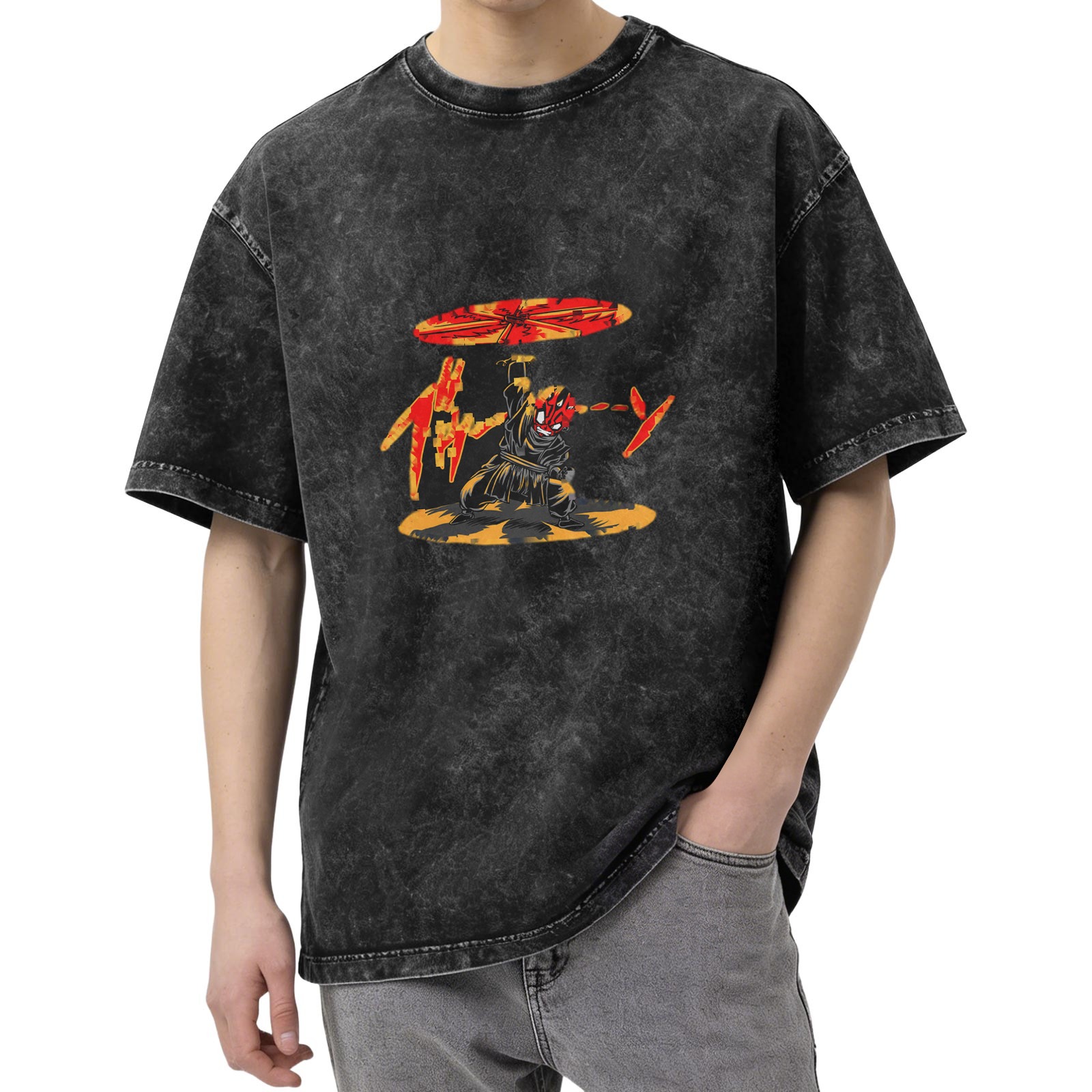 Oversized Acid Wash T-Shirt With Ninja Warrior Graphic Print