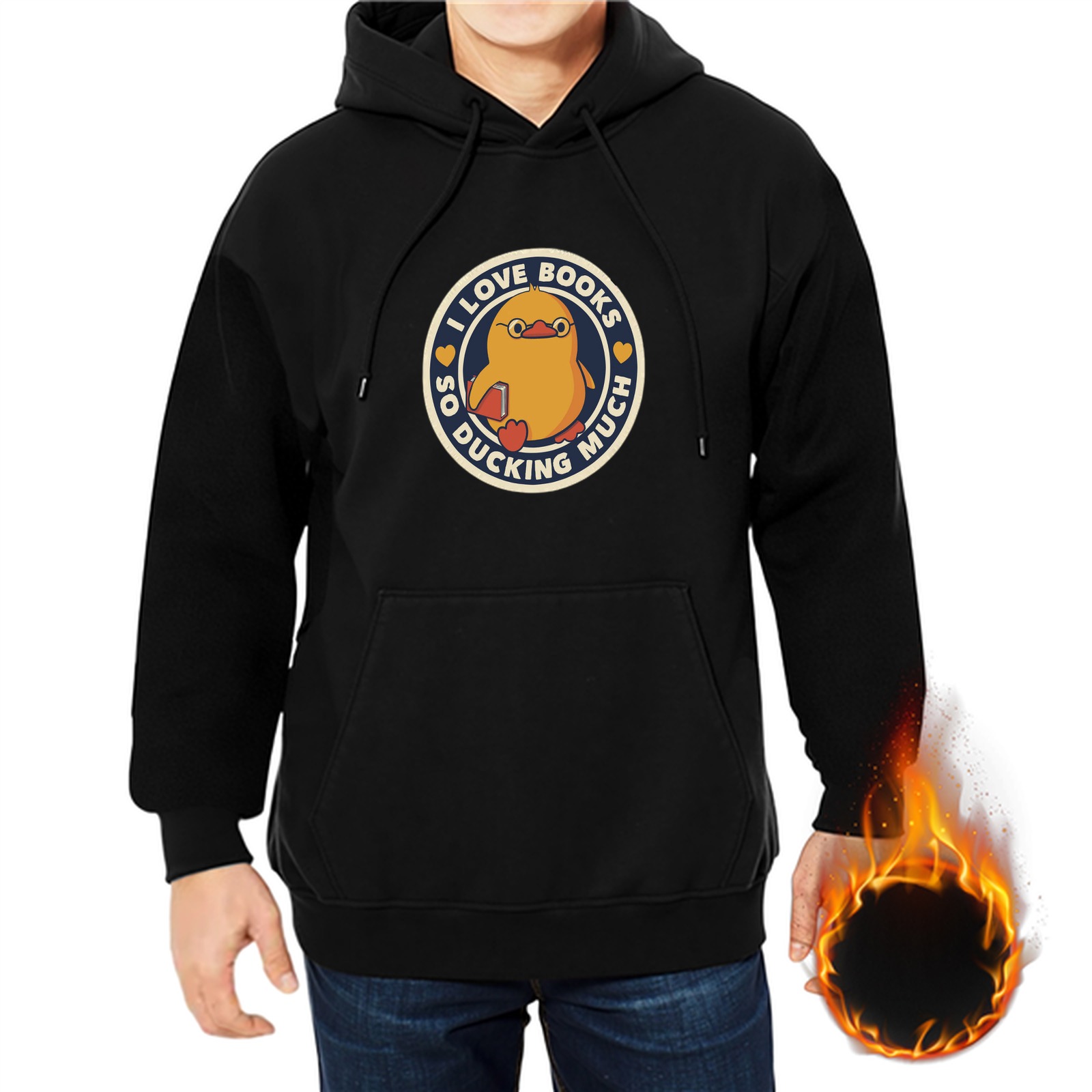 Black hoodie with 'I Love Books So Ducking Much' duck graphic