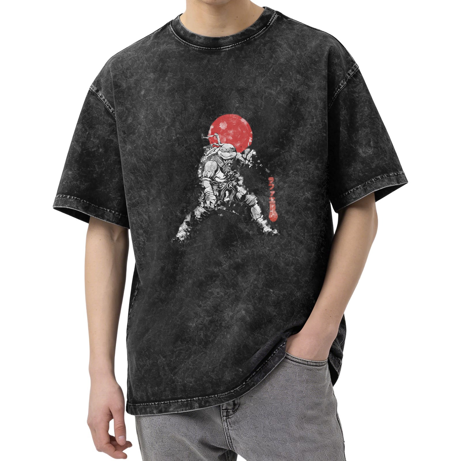 Washed black t-shirt with ninja turtle warrior graphic and red moon design