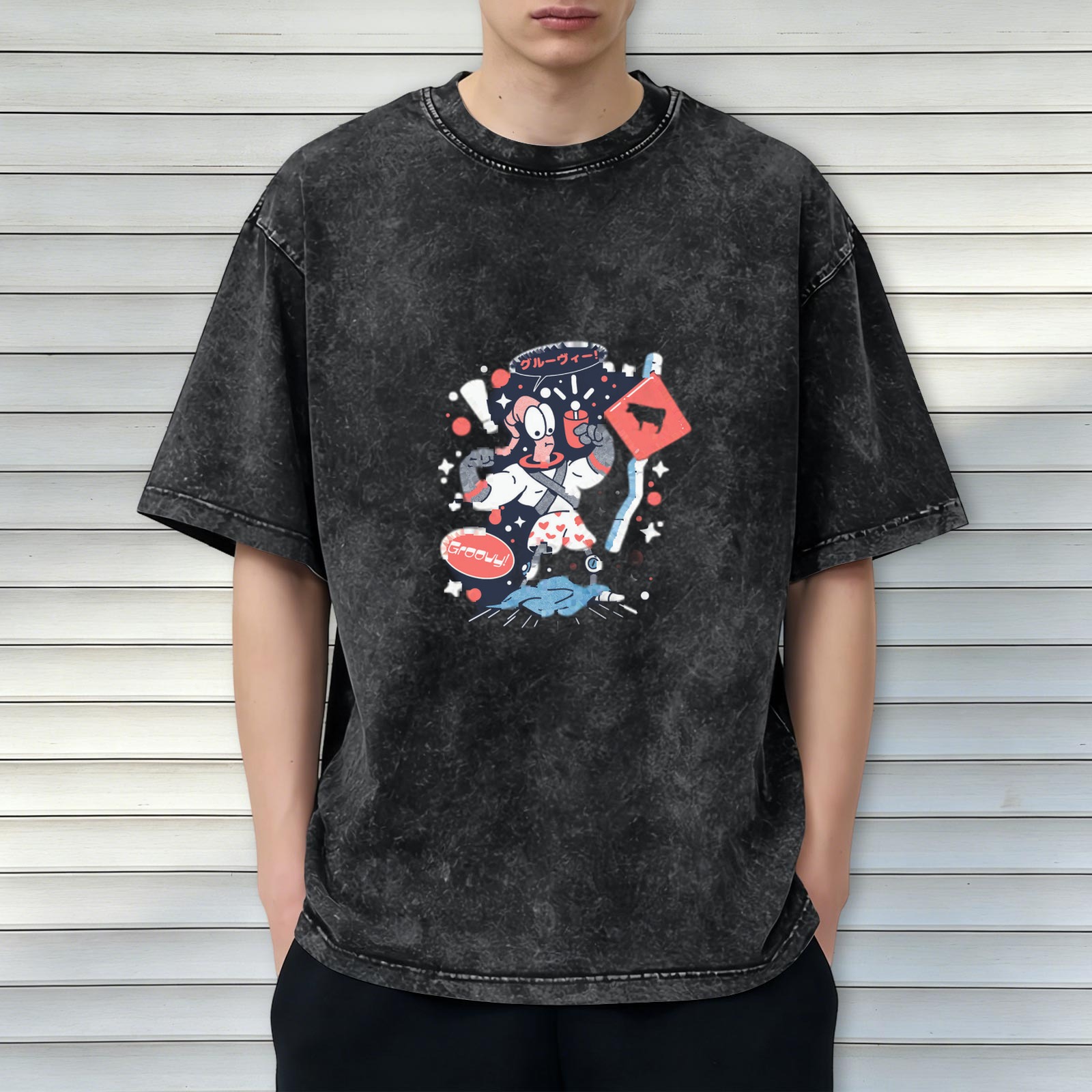Washed black graphic t-shirt with retro cartoon space character print