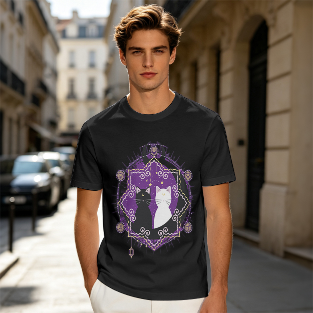 Olive T-Shirt With Celestial Black And White Cat Graphic