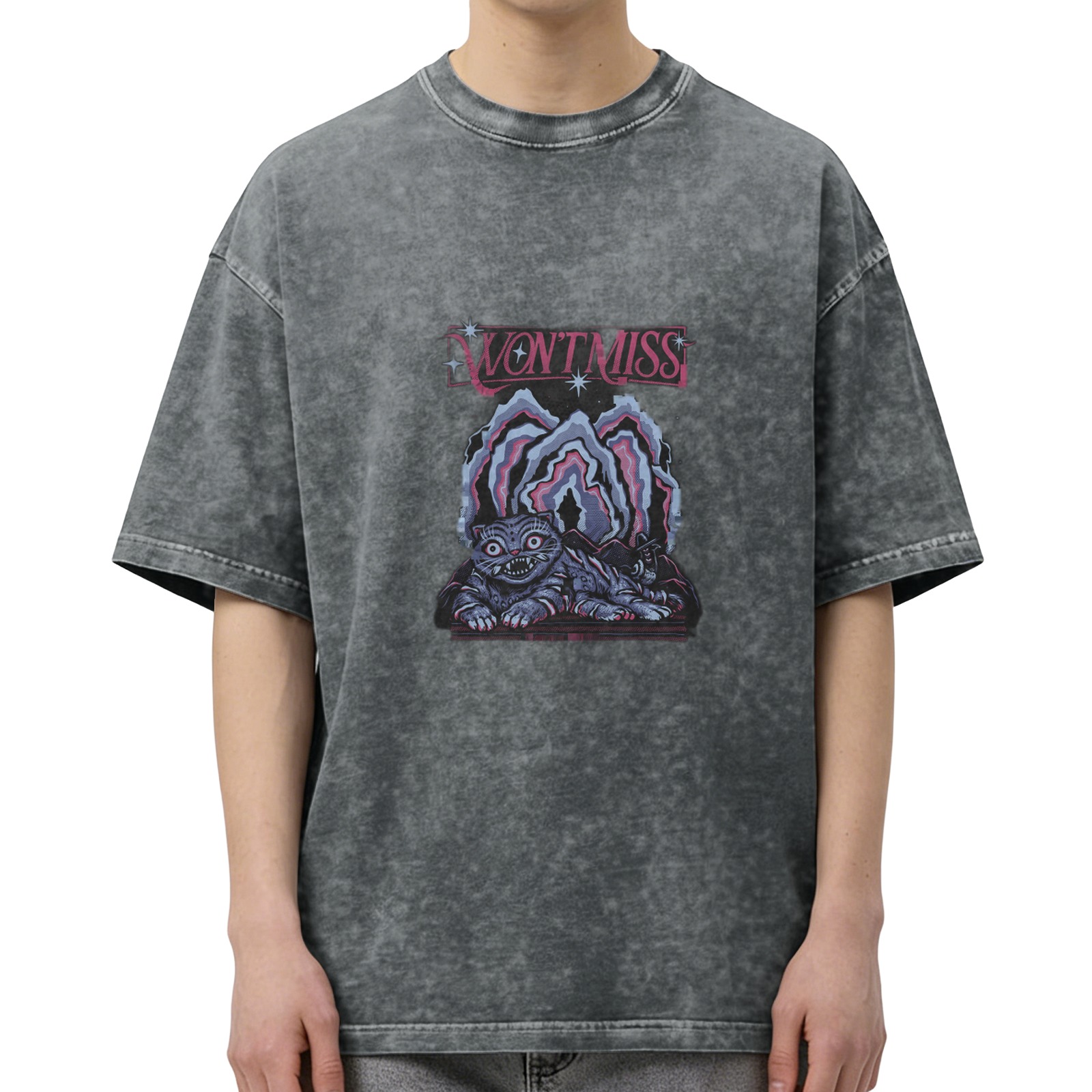 Wont Miss Graphic Acid Wash Oversized T-Shirt With Cheshire Cat Print