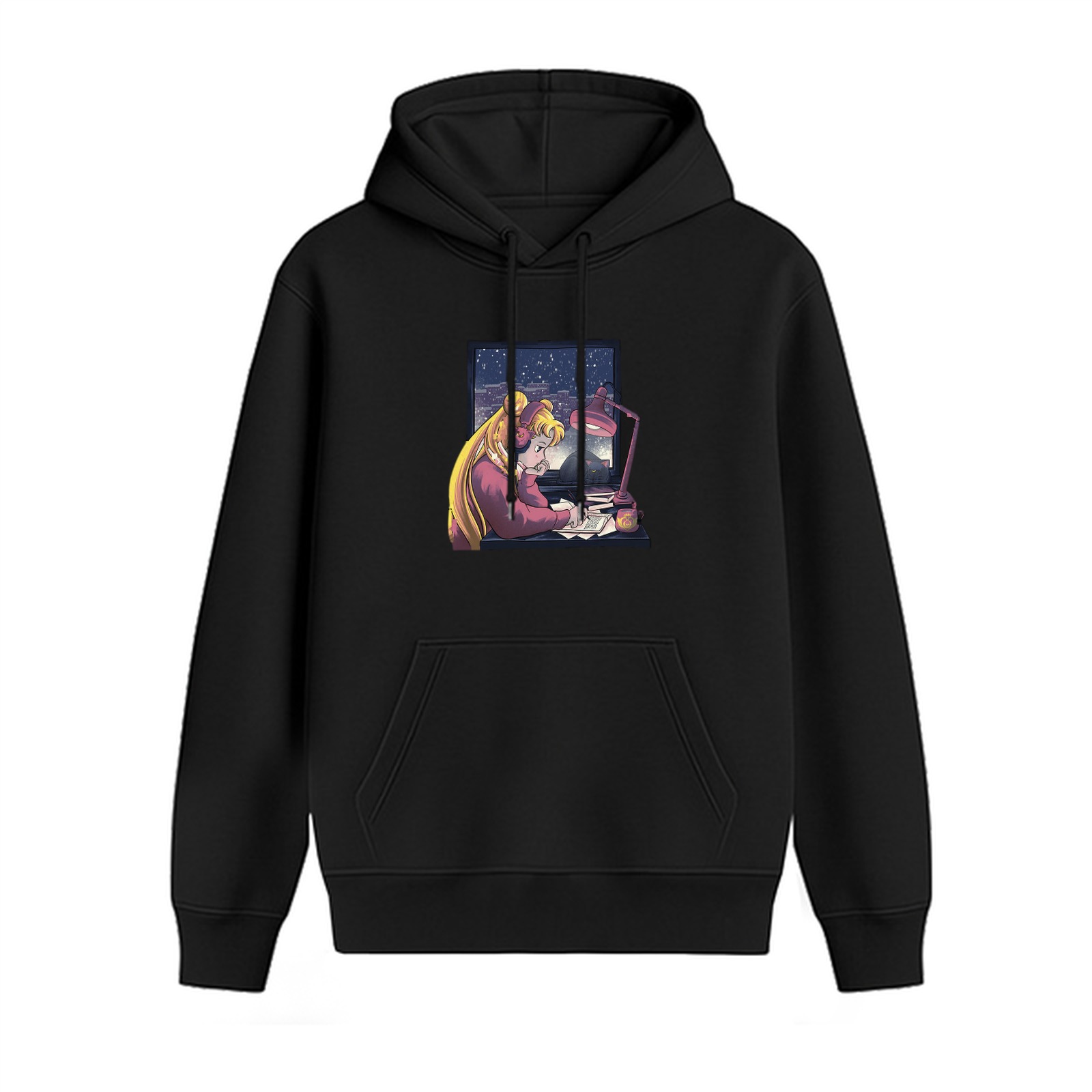 Black hoodie with anime girl studying at night print