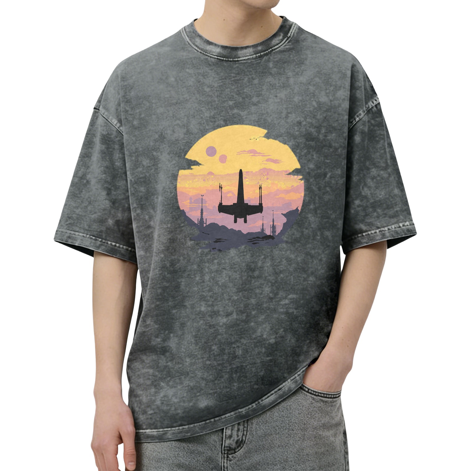 Star Wars X-Wing Sunset Graphic Acid Wash T-Shirt