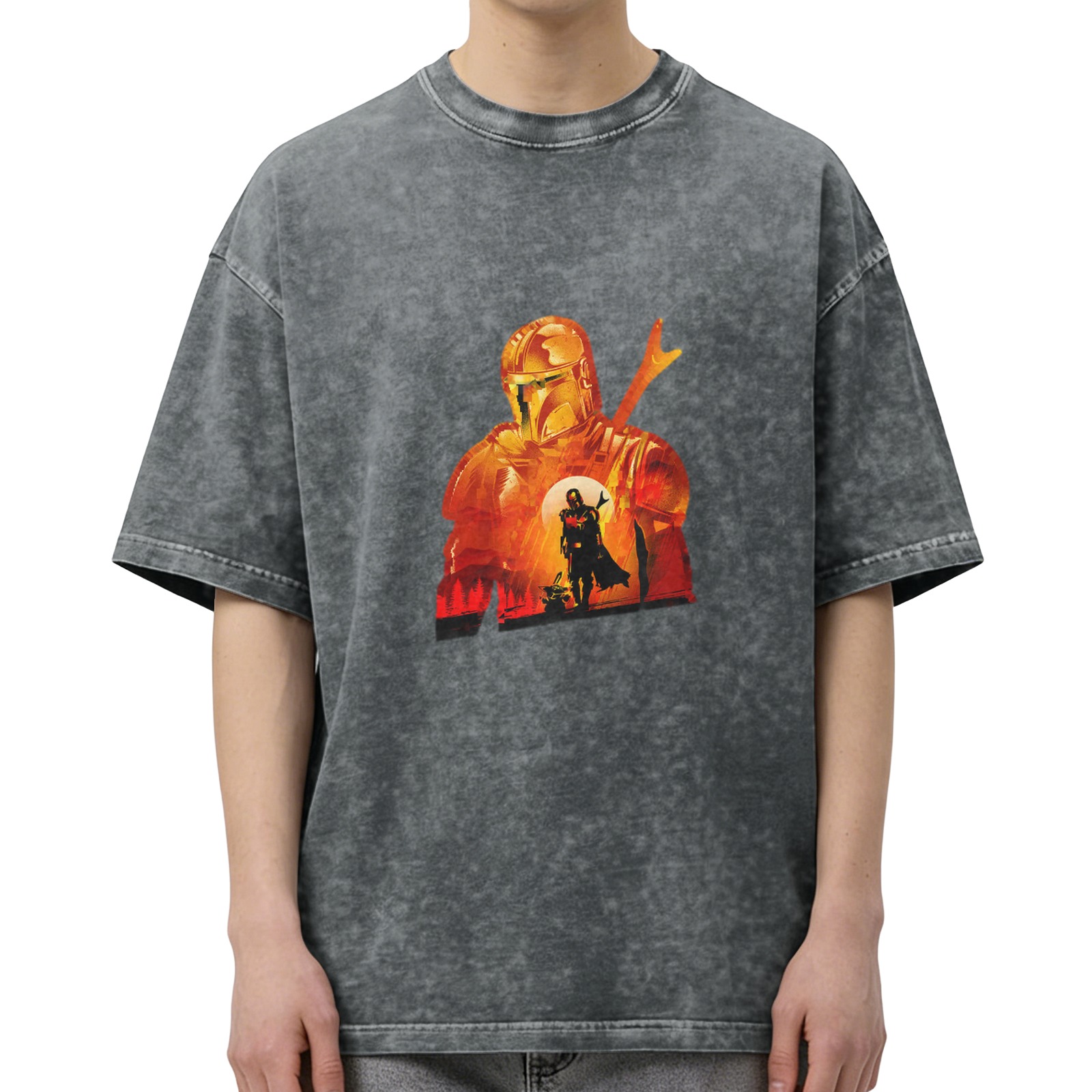 Washed black t-shirt with Mandalorian sunset graphic print