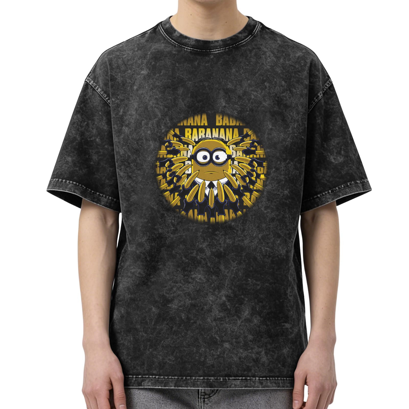 Washed Black Minion Banana Graphic Short Sleeve T-Shirt