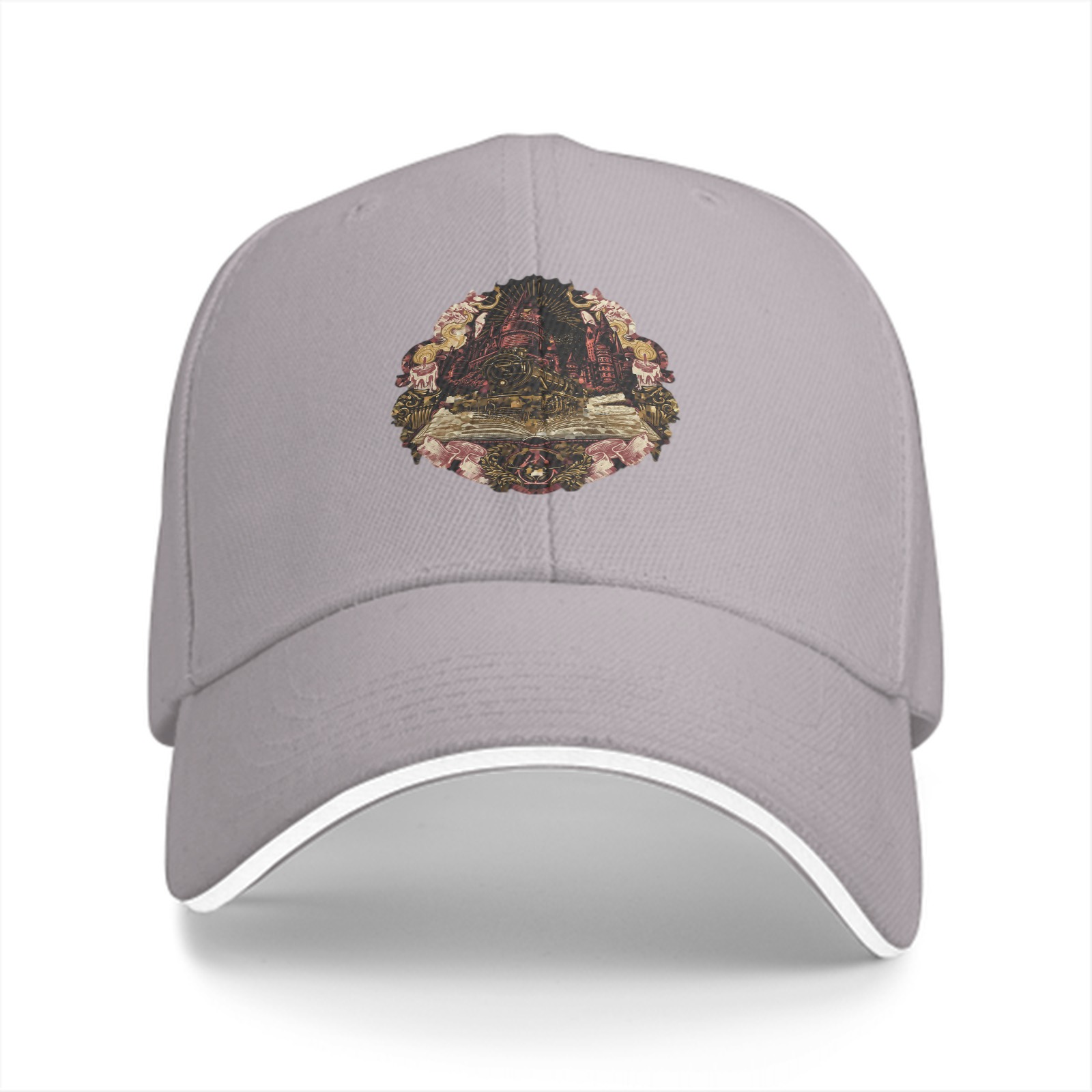 Black baseball cap with magical castle and train graphic