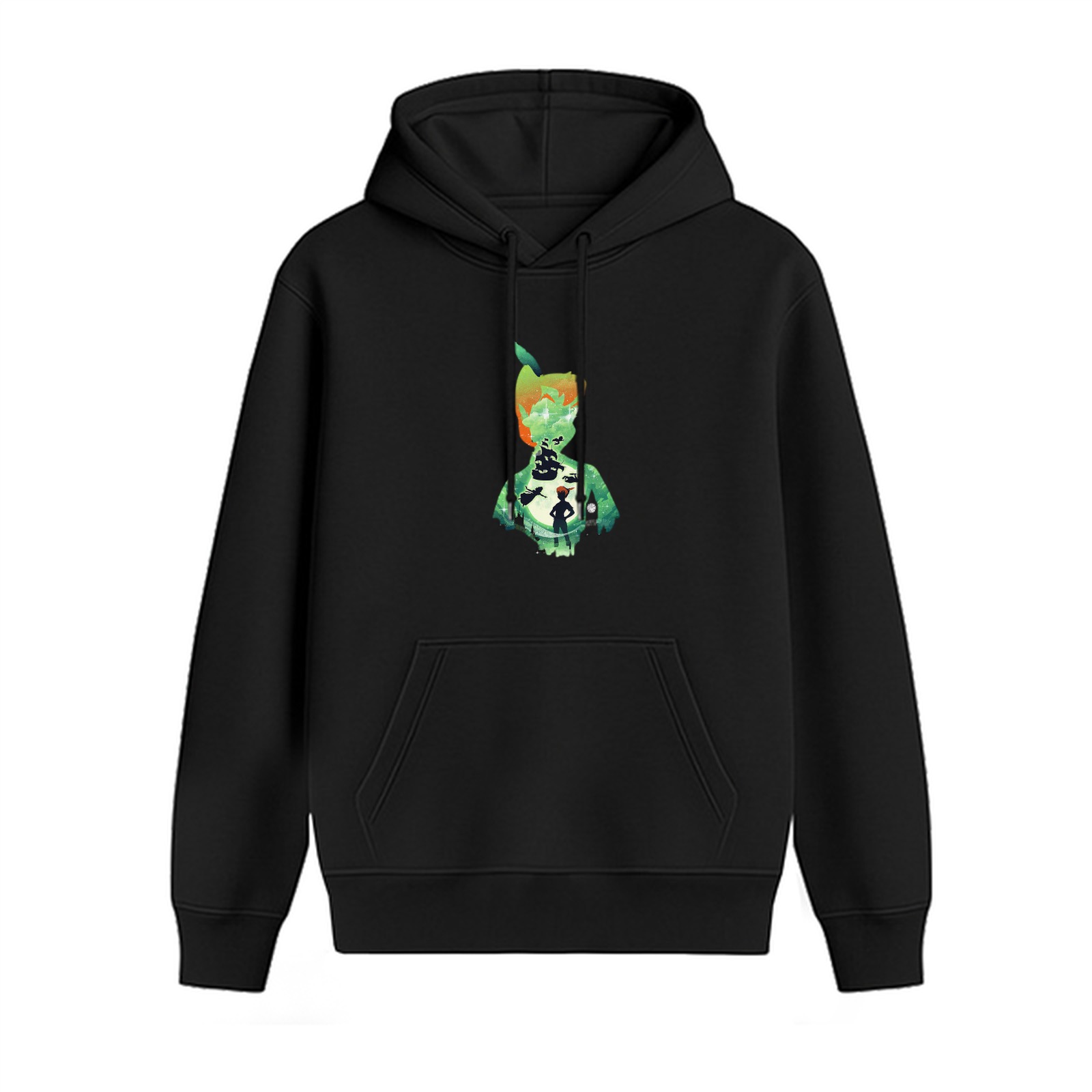 Black Hoodie With Peter Pan Silhouette Fantasy Art Print