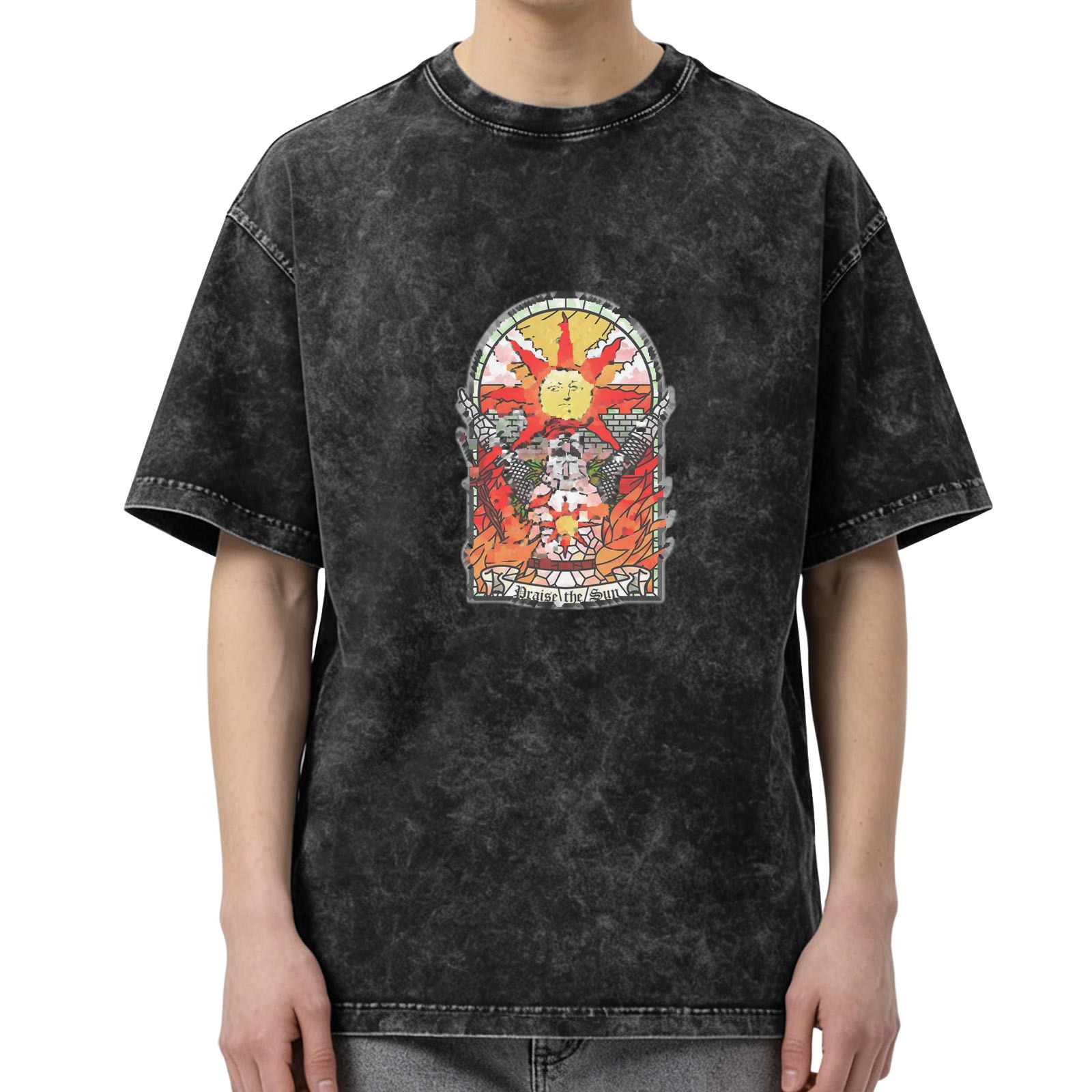 Dark Wash Oversized T-Shirt with 'Praise the Sun' Stained Glass Style Graphic