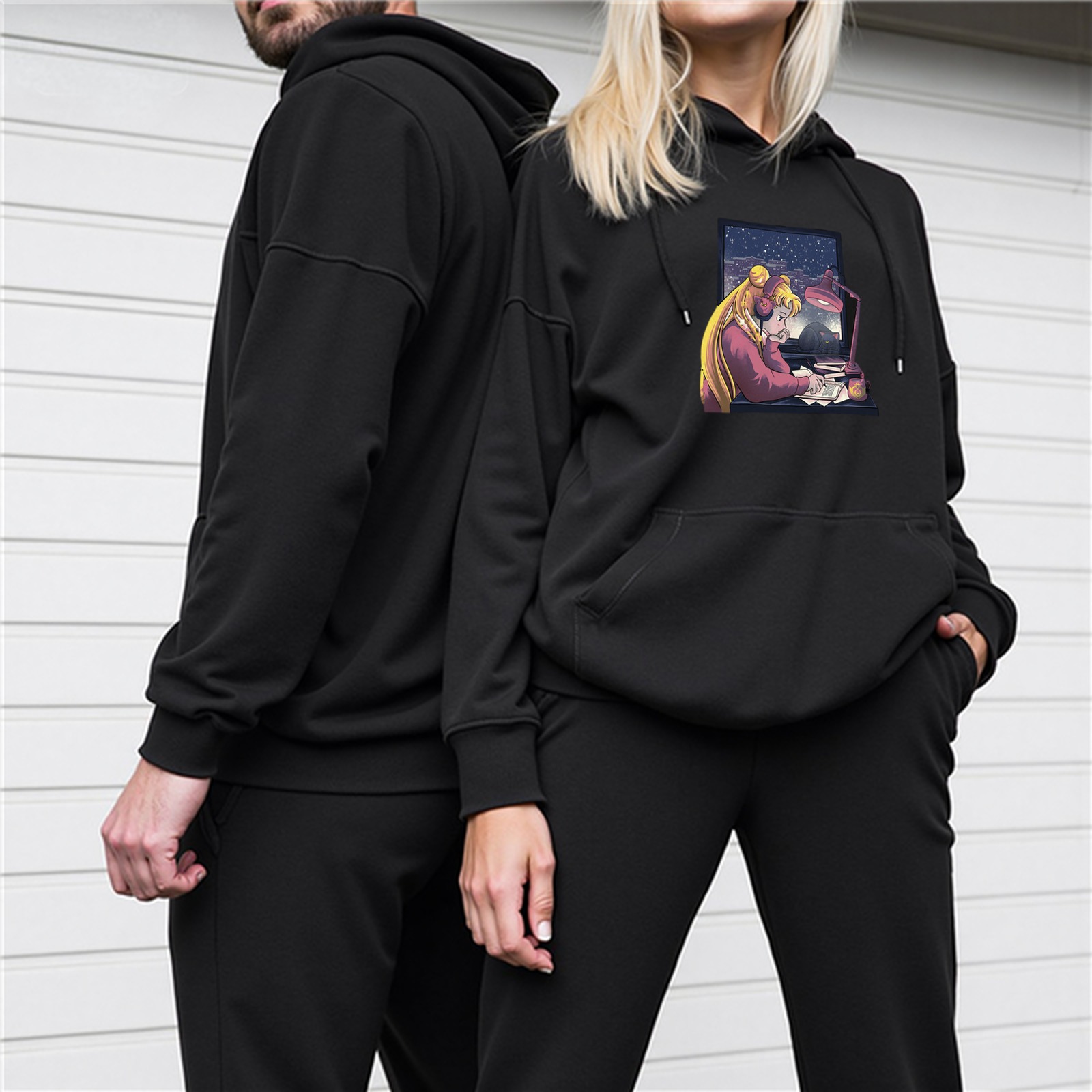 Black hoodie with anime girl studying at night print