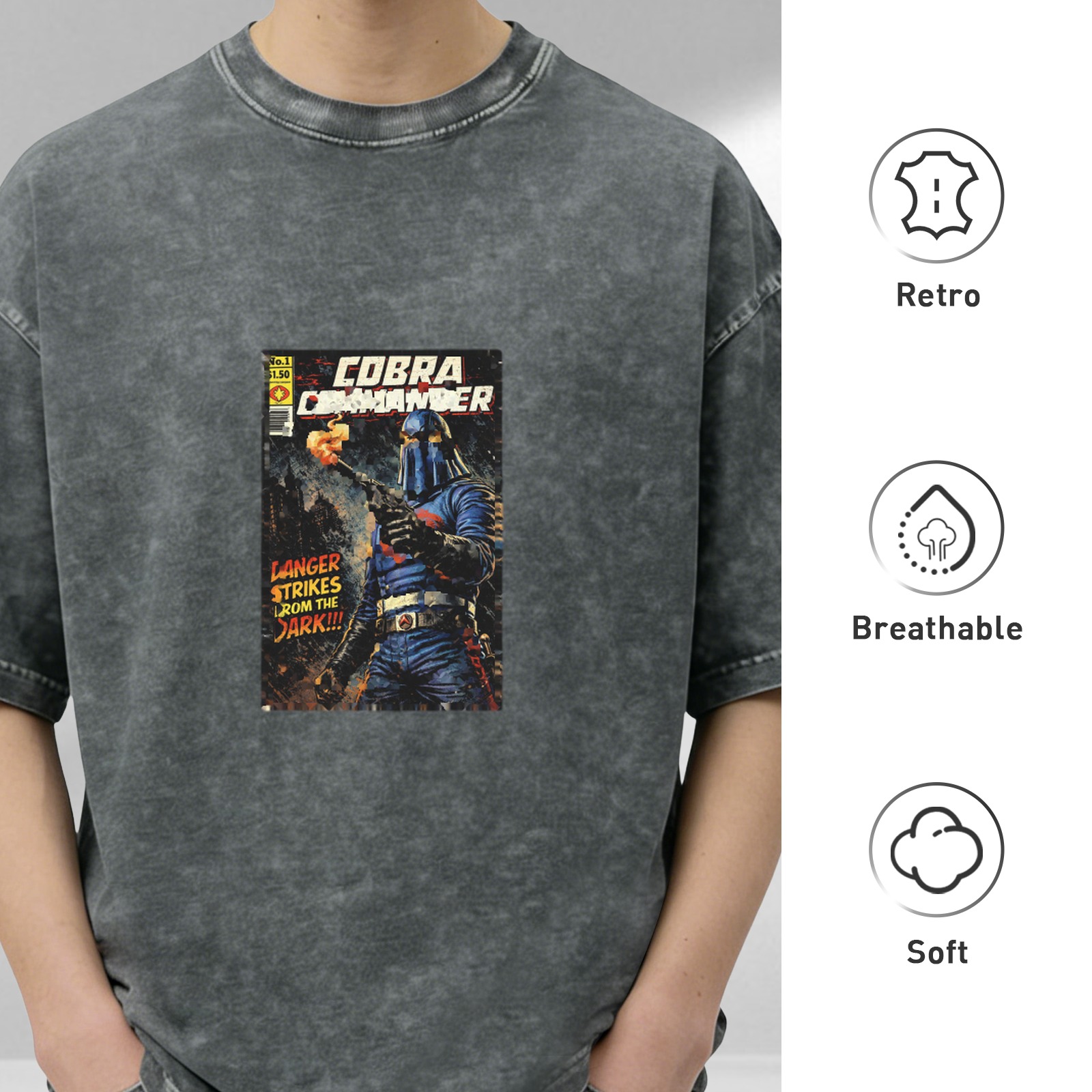 Cobra Commander Vintage Comic Print Dark Gray Stonewash T-Shirt