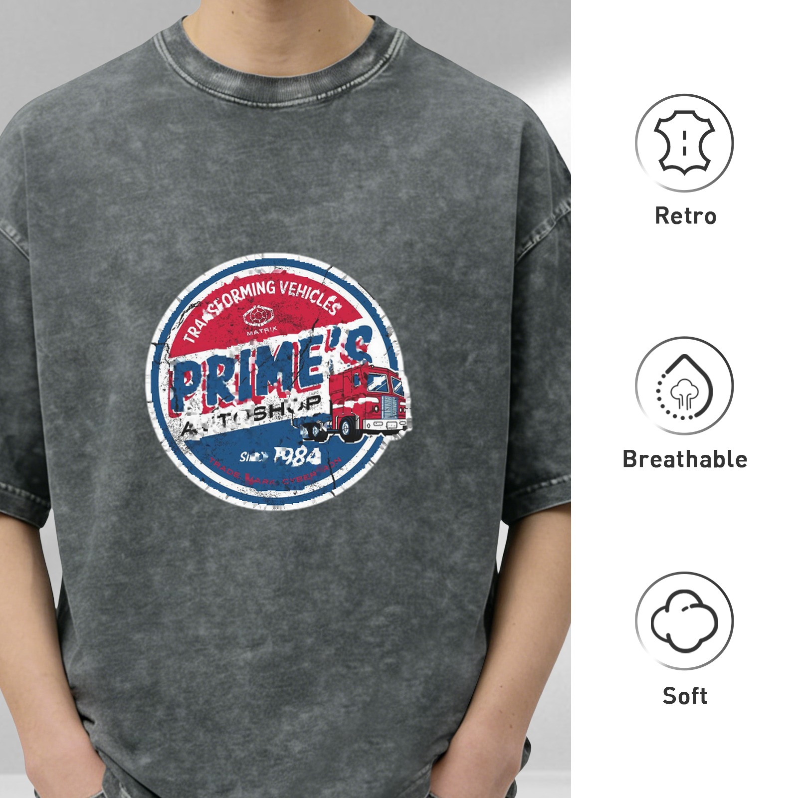 Oversized Vintage Wash T-Shirt with 'Prime's Auto Shop Transforming Vehicles' Graphic Print
