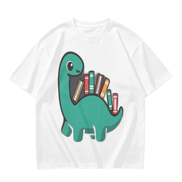 Olive T-shirt with cute dinosaur carrying books graphic